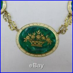 1920's Art Deco Filigree Green Etched Enamel Necklace Gold Plated