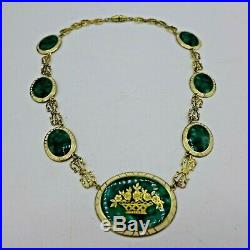 1920's Art Deco Filigree Green Etched Enamel Necklace Gold Plated