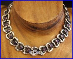 1920's Art Deco Mexico TAXCO 980 Silver Amethyst Repousse Necklace 69 Grm 16 In