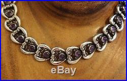 1920's Art Deco Mexico TAXCO 980 Silver Amethyst Repousse Necklace 69 Grm 16 In