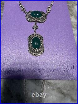 1920's Art Deco SS Jade And Marcasite Necklace 16 WithArtist Stamp