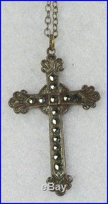 1920's Vintage Art Deco Sterling Silver Marcasite Cross Necklace
