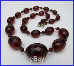 1920s ART DECO OVAL FACETED CHERRY AMBER BAKELITE BEAD NECKLACE 48.8 grams