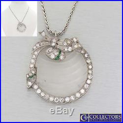 1920s Antique Art Deco 14k Gold Carved Glass 1.50ctw Diamond Emerald Necklace L8
