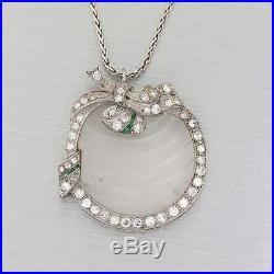 1920s Antique Art Deco 14k Gold Carved Glass 1.50ctw Diamond Emerald Necklace L8