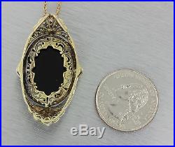 1920s Antique Art Deco 14k Gold Platinum Top Onyx Diamond Pendant Necklace