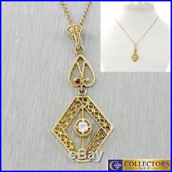 1920s Antique Art Deco 14k Solid Yellow Gold Diamond Filigree Pendant Necklace