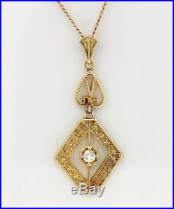 1920s Antique Art Deco 14k Solid Yellow Gold Diamond Filigree Pendant Necklace