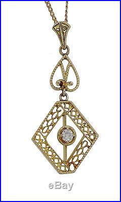 1920s Antique Art Deco 14k Solid Yellow Gold Diamond Filigree Pendant Necklace