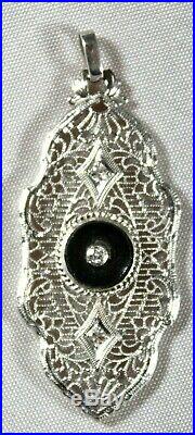 1920s Antique Art Deco 14k White Gold Filigree Diamond & Onyx Pendant Necklace