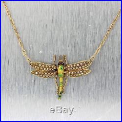 1920s Antique Art Deco Nouveau Estate 14k Gold Pearl Dragronfly Pendant Necklace