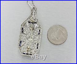 1920s Antique Art Deco Platinum 6.5ctw Diamond Sapphire Brooch Pendant Necklace