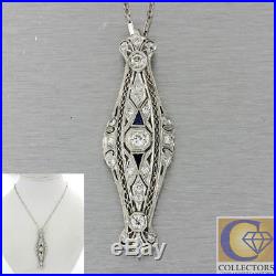 1920s Antique Art Deco Solid Platinum 1.10ctw Diamond Sapphire Pendant Necklace