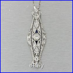 1920s Antique Art Deco Solid Platinum 1.10ctw Diamond Sapphire Pendant Necklace