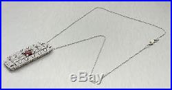 1920s Antique Art Deco Solid Platinum 4.08ctw Ruby Diamond Pendant Necklace
