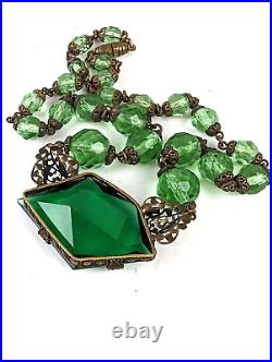 1920s Art Deco Czech Green Glass Faceted Glass Bead & Brass Pendant Necklace