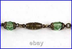 1920s Art Deco Czech Green Glass Faceted Glass Bead & Brass Pendant Necklace