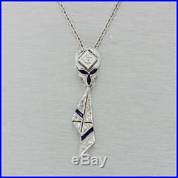 1920s Art Deco Estate Filigree Platinum Gold Diamond Sapphire Pendant Necklace