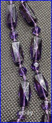 1920s Art Deco Necklace Faceted Amethyst Hand Knot Bead Opera Length 57 in