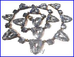 1920s Art Deco Signed Czech Geometric Glass Necklace Faceted Blue Triangles Vtg