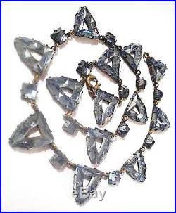 1920s Art Deco Signed Czech Geometric Glass Necklace Faceted Blue Triangles Vtg