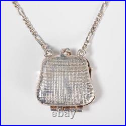 1920s Art Deco Silver Tone Rhinestone Purse Clutch Locket Pendant Necklace 31l