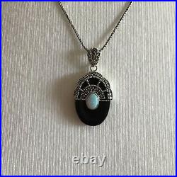 1920s Art Deco Sterling Silver Marcasite Opal Oval black onyx Pendant Necklace