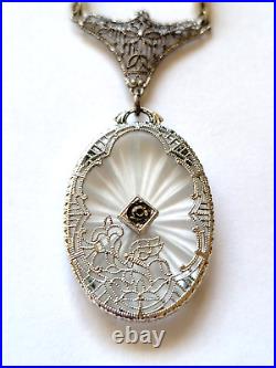 1920s BUTTERFLY DRAGONFLY ART DECO CAMPHOR GLASS STERLING FILIGREE NECKLACE