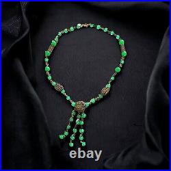 1920s Brass Uranium Glass Necklace Czech Art Deco Vintage Beauty Glows WOW