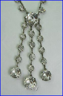 1920s Sterling Silver Art Deco Necklace Lavaliere Bezel Crystal 2.5 Inch Pendant