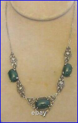 1920s antique art deco STERLING CHRYSOPRASE MARCASITE NECKLACE silver roses 16