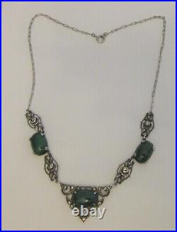 1920s antique art deco STERLING CHRYSOPRASE MARCASITE NECKLACE silver roses 16