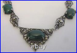 1920s antique art deco STERLING CHRYSOPRASE MARCASITE NECKLACE silver roses 16