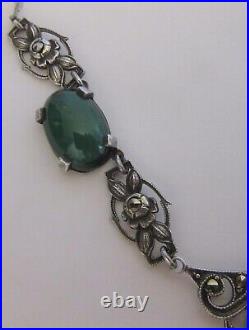 1920s antique art deco STERLING CHRYSOPRASE MARCASITE NECKLACE silver roses 16