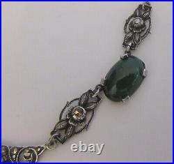 1920s antique art deco STERLING CHRYSOPRASE MARCASITE NECKLACE silver roses 16