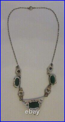 1920s antique art deco STERLING CHRYSOPRASE MARCASITE NECKLACE silver roses 16