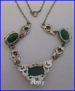 1920s antique art deco STERLING CHRYSOPRASE MARCASITE NECKLACE silver roses 16