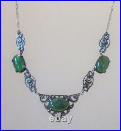 1920s antique art deco STERLING CHRYSOPRASE MARCASITE NECKLACE silver roses 16