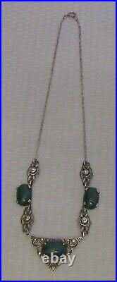 1920s antique art deco STERLING CHRYSOPRASE MARCASITE NECKLACE silver roses 16