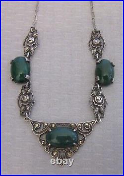 1920s antique art deco STERLING CHRYSOPRASE MARCASITE NECKLACE silver roses 16