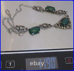 1920s antique art deco STERLING CHRYSOPRASE MARCASITE NECKLACE silver roses 16