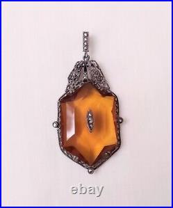 1930 Amazing CZECHOSLOVAKIAN Amber Glass Art Deco Antique Pendant 2.5L Filigree