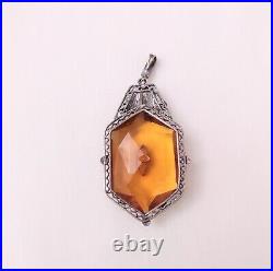 1930 Amazing CZECHOSLOVAKIAN Amber Glass Art Deco Antique Pendant 2.5L Filigree