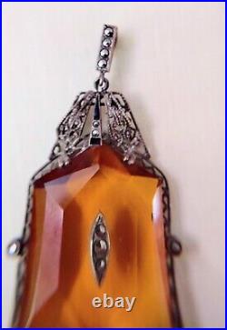 1930 Amazing CZECHOSLOVAKIAN Amber Glass Art Deco Antique Pendant 2.5L Filigree