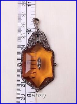 1930 Amazing CZECHOSLOVAKIAN Amber Glass Art Deco Antique Pendant 2.5L Filigree