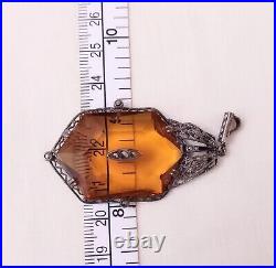 1930 Amazing CZECHOSLOVAKIAN Amber Glass Art Deco Antique Pendant 2.5L Filigree