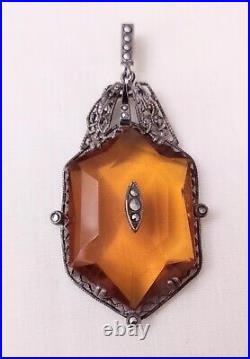 1930 Amazing CZECHOSLOVAKIAN Amber Glass Art Deco Antique Pendant 2.5L Filigree