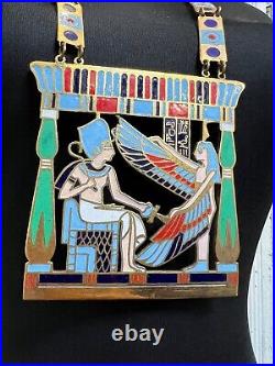 1930 Art Deco French Egyptian Revival Pectoral Brass Enamel Necklace Tutankhamun