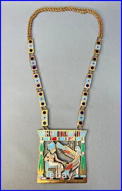 1930 Art Deco French Egyptian Revival Pectoral Brass Enamel Necklace Tutankhamun