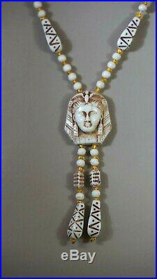 1930 Max Neiger Art Deco Czech Milk Glass Necklace Pharaoh Face Egyptian Revival